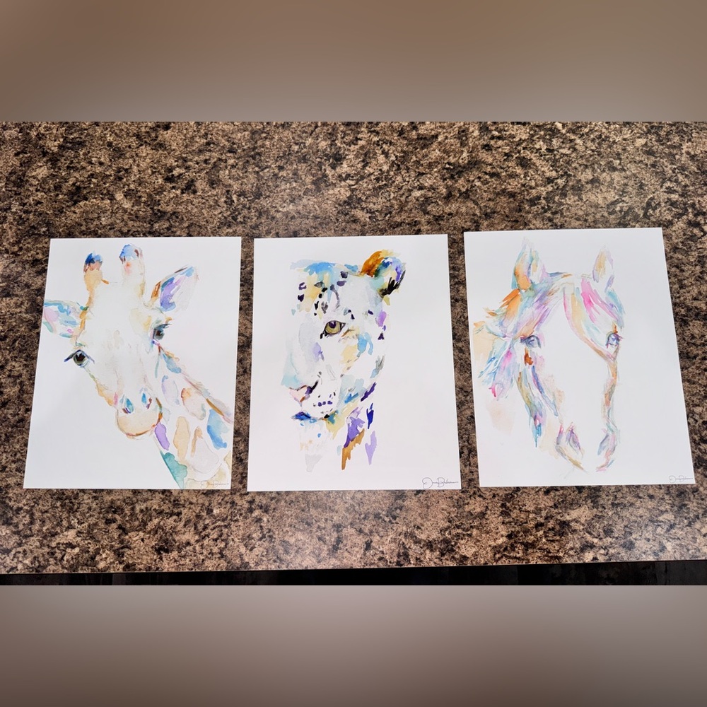 Jess Buhman Art Watercolor Prints - Horse, Leopard, Giraffe 8x10